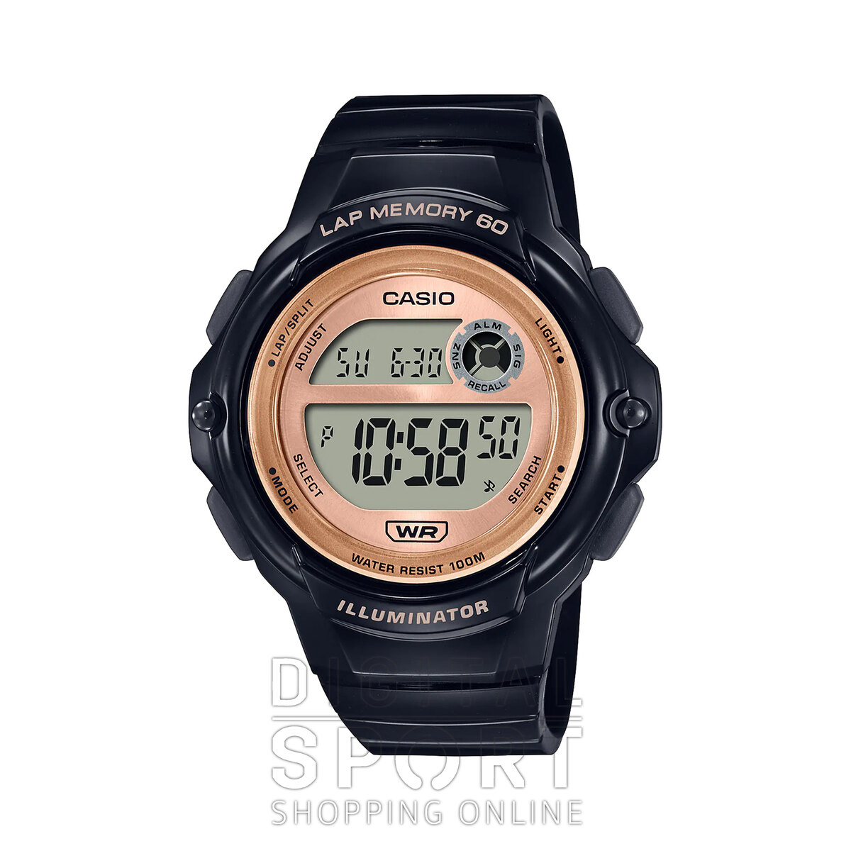 Cronómetro digital con reloj hora, minuto, segundo, mes, fecha